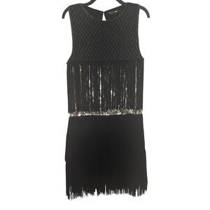 Babeyond Modern Black‎ Gold Tiered Tassel Vintage Gatsby Flapper Midi Dress L